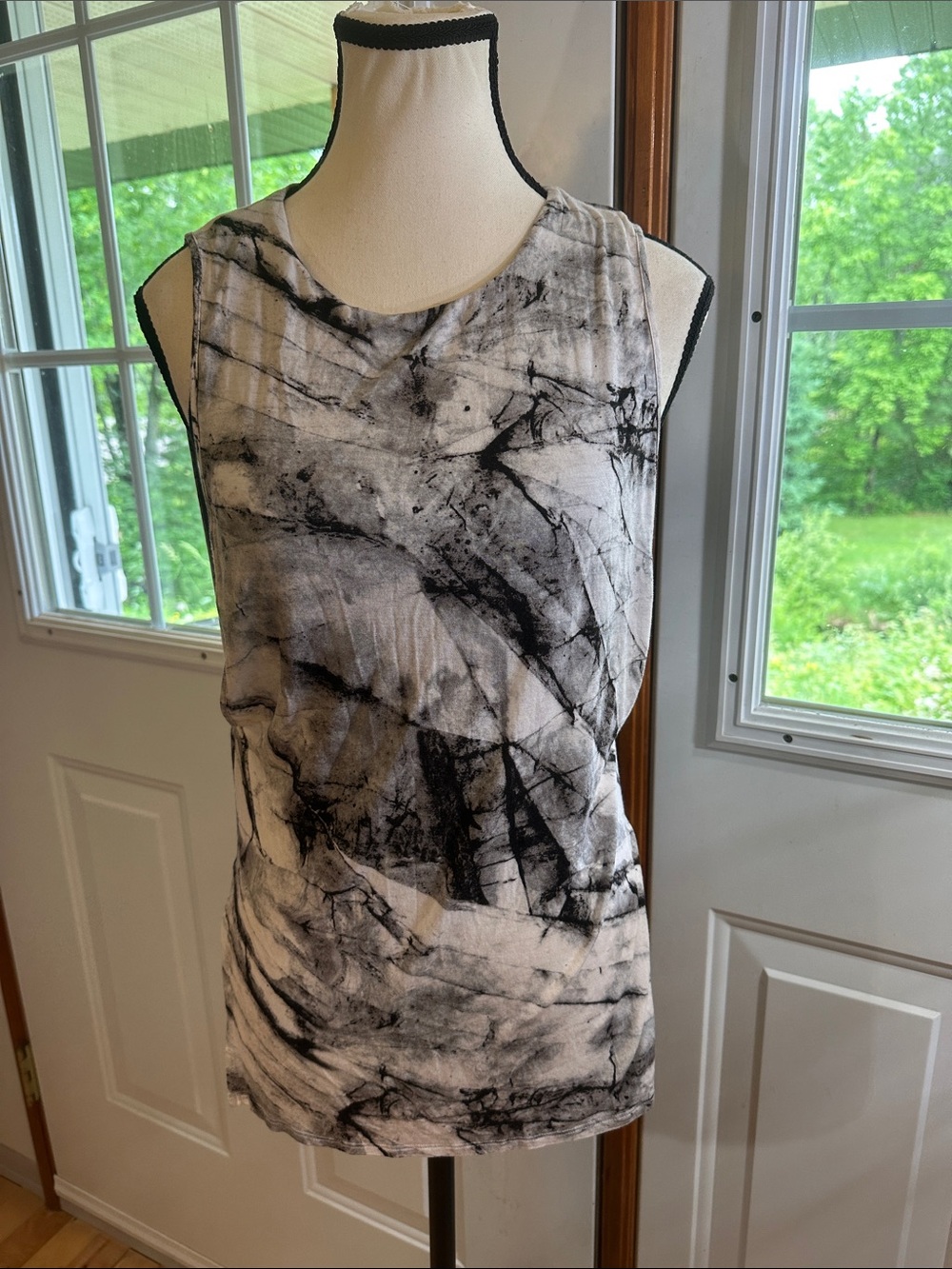 Helmut Lang Black and White Marble Print Sleeveless Top With Black Underlayer